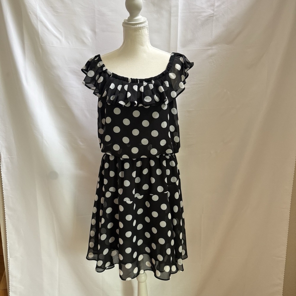Betsey Johnson Midi Dress Womens 8 Black And White Polka Dot Lined Sleeveless